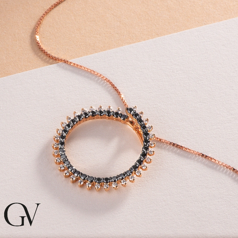 Collier en or rose 18k cercle diamants noirs taille brillante et diamants Collier en or rose 18k cercle diamants noirs taille brillante et diamants