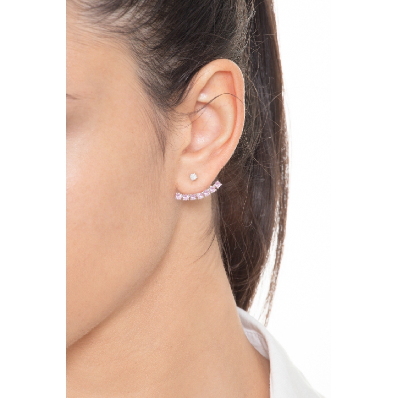 Mono boucle d'oreille en or blanc 18 ct avec diamant et saphirs roses