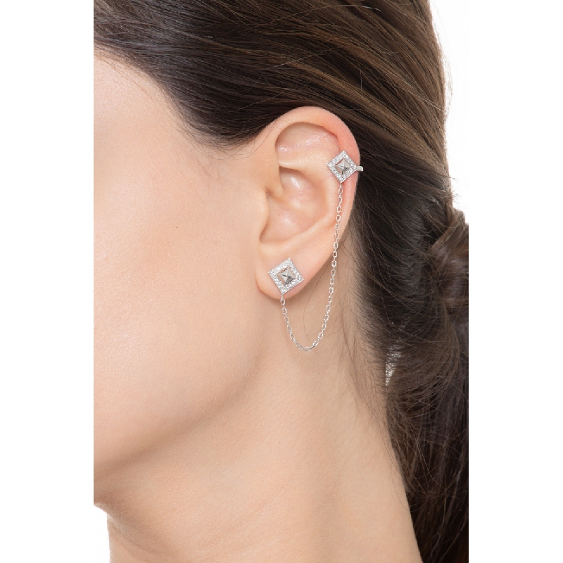 Boucle d'oreille individuelle en or blanc 18 ct avec chaînette et diamants Boucle d'oreille individuelle en or blanc 18 ct avec chaînette et diamants