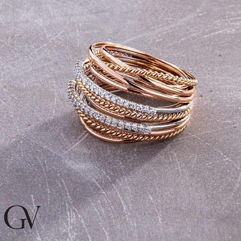 Bague fantaisie avec fils en or blanc rose 18k avec diamants