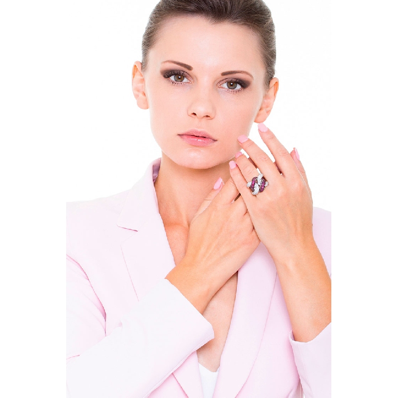 Bague nœud gourmette Or Blanc 18k avec diamants et rubis