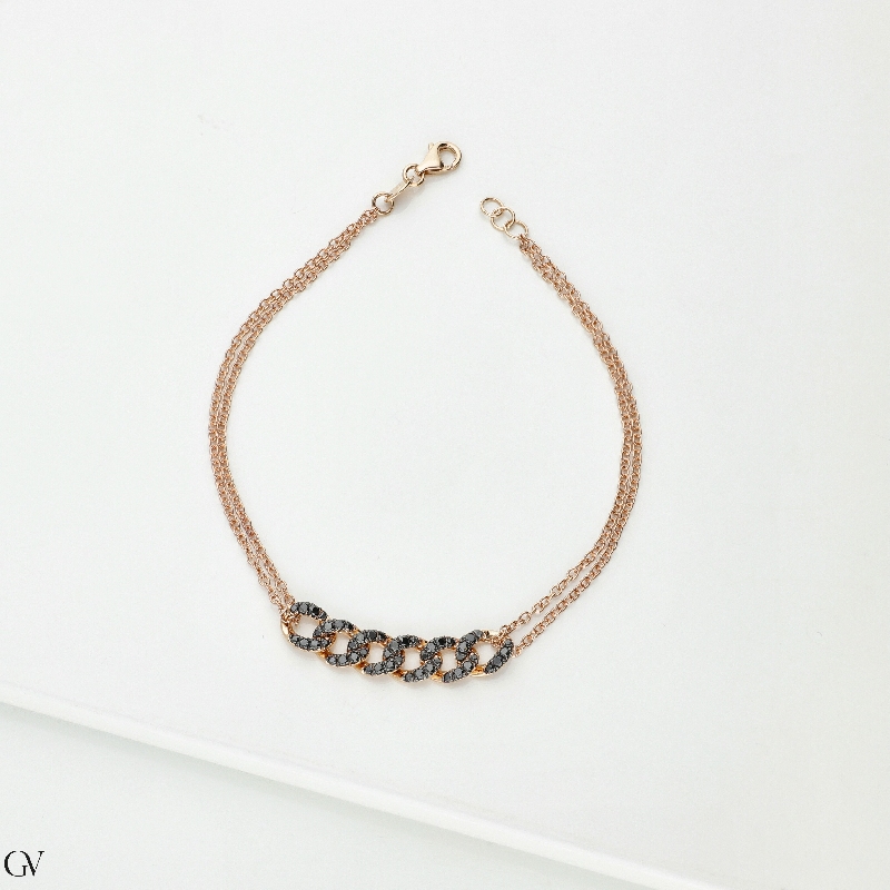 Bracelet gourmette 6 maillons en or rose 18k avec diamants noirs 