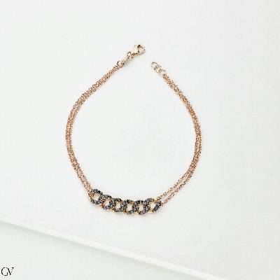 Bracelet gourmette 6 maillons en or rose 18k avec diamants noirs 