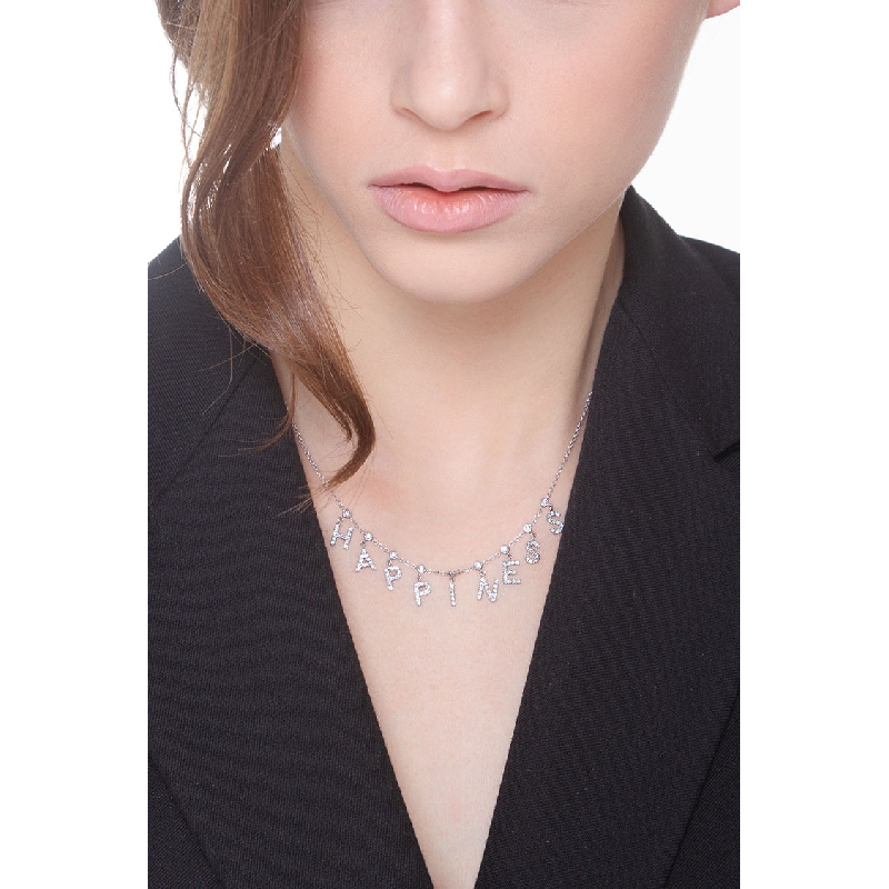 Collier en Or Blanc 18k avec Mot HAPPINESS en Diamants Collier en Or Blanc 18k avec Mot HAPPINESS en Diamants