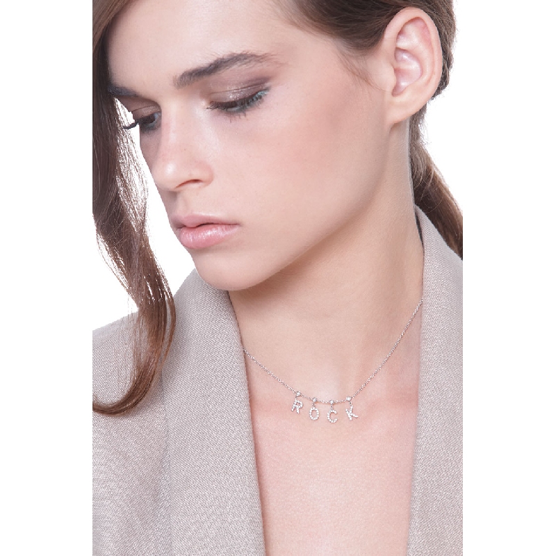 Collier lettres ROCK en Or Blanc 18k serti de diamants