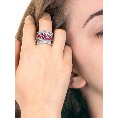 Bague or blanc 18k rubis navette et goutte avec diamants