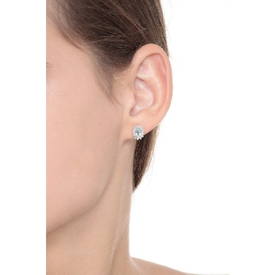 Boucles d'Oreilles en Or Blanc 18k avec AigueMarine Ovale et Diamants