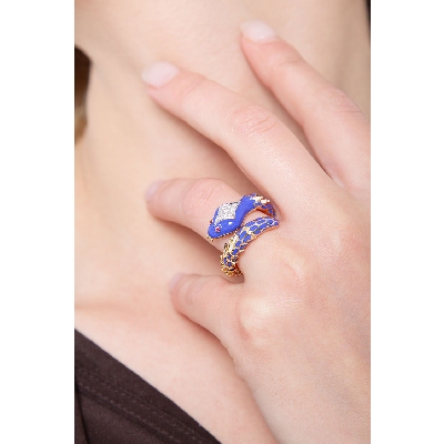 Bague serpent en or jaune 18k avec diamants et rubis