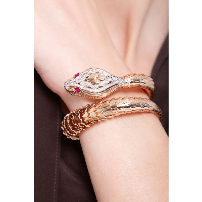 Bracelet Serpent Or Blanc et Rose 18k avec Diamants et Rubis