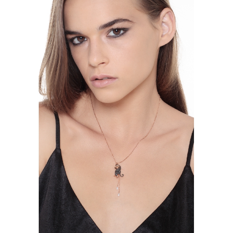 Collier en or blanc et rose 18k singe serti de diamants noirs Collier en or blanc et rose 18k singe serti de diamants noirs