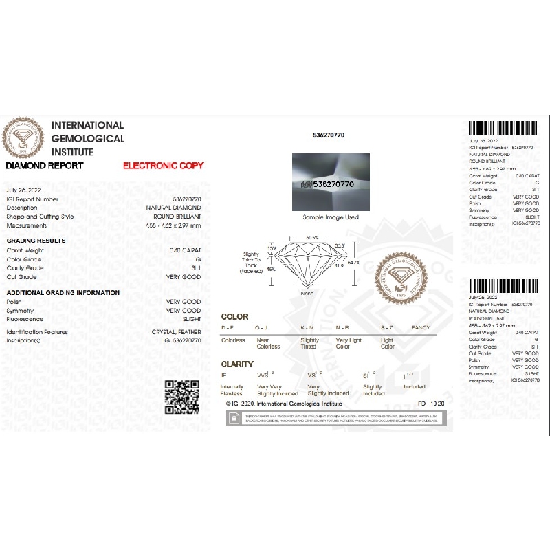 Diamant Certifié  IGI CT 0.40 G SI1