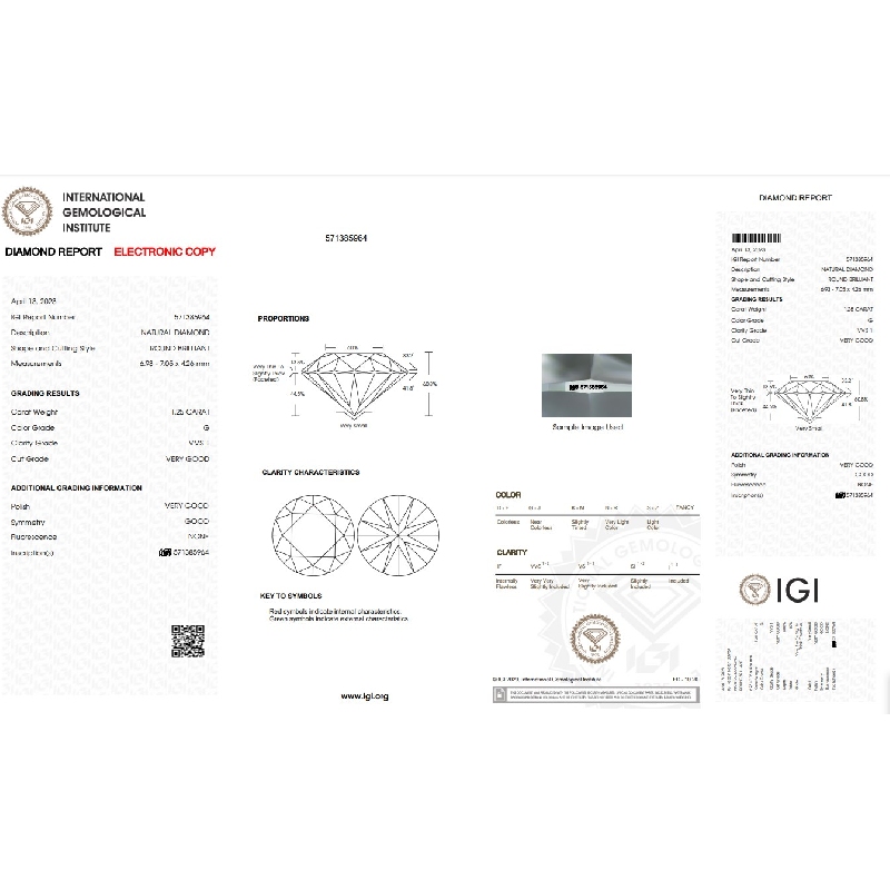 Diamant Certifié IGI  CT 1,25   G   VVS 1