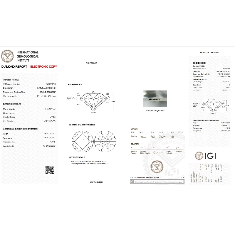 Diamant Certifié IGI  CT 1,65  F   VVS 2 