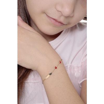 Bracelet pour Fille en Or Jaune 18k avec Plaque et Cœurs 