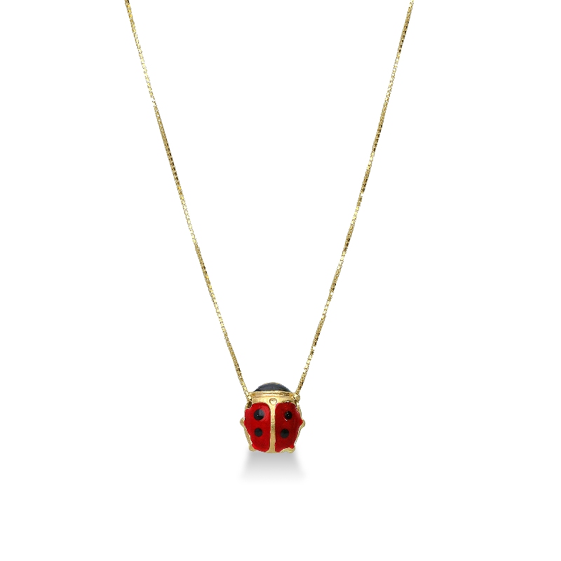 Collier or jaune 18k avec pendentif coccinelle émaillée 40 cm