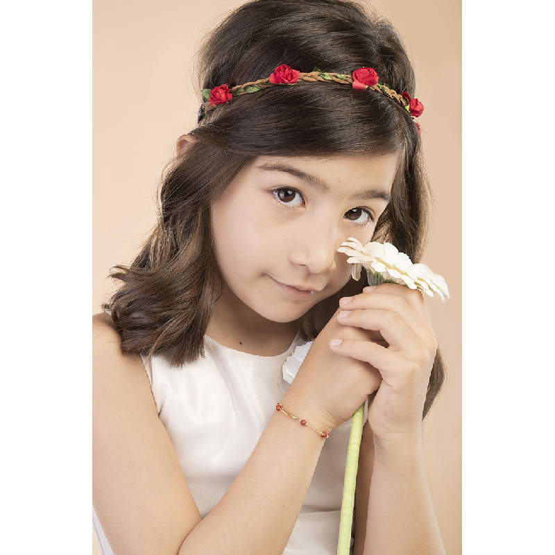 Bracelet enfant ajustable en or jaune avec coraux et plaque, 15 cm