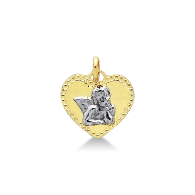 Pendentif cœur en or jaune avec petit ange en or blanc