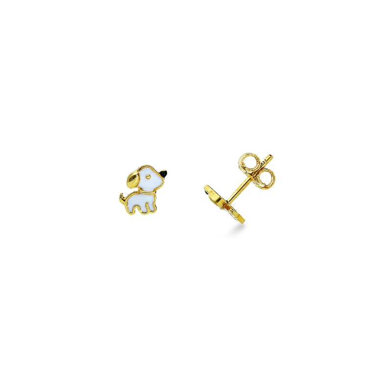 Boucles d’oreilles en or jaune 18k avec chien émaillé blanc
