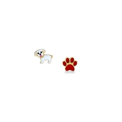 Boucles d'oreilles en or jaune 18k petit chien et patte rouge