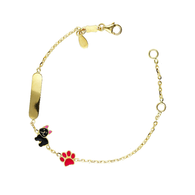 Bracelet en or jaune 18k avec bulldog français, patte et plaque gravable