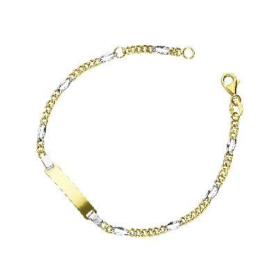 Bracelet en or blanc et jaune 18k avec plaque gravable, 16 cm