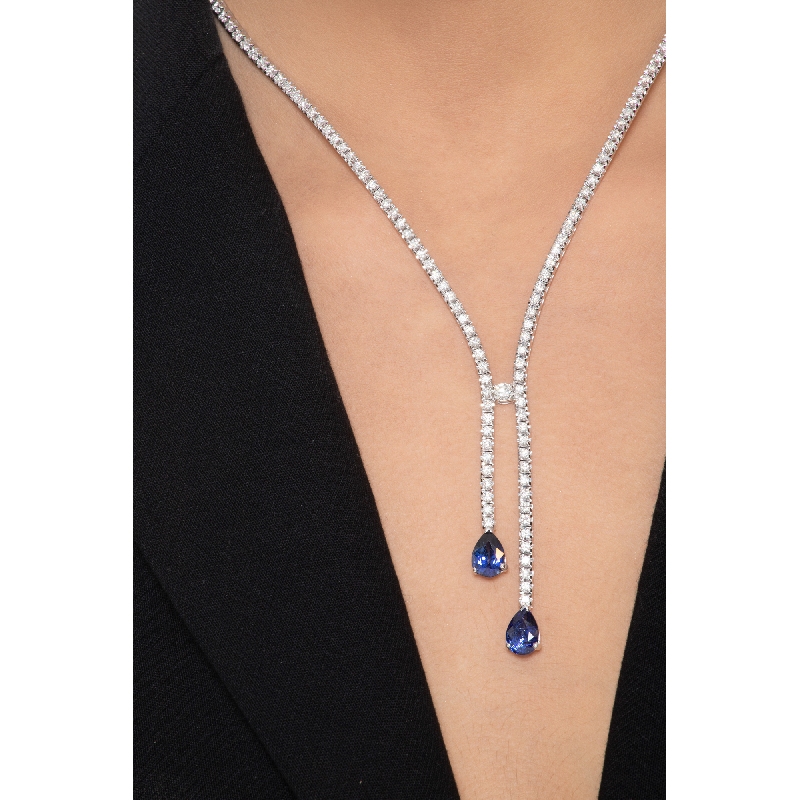 Collier tennis en or blanc 18k avec diamants et saphirs bleus