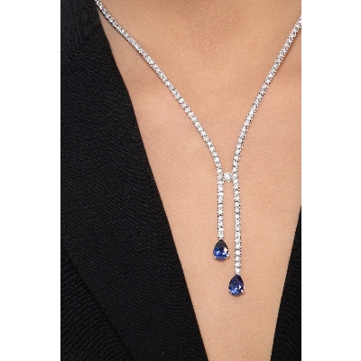 Collier tennis en or blanc 18k avec diamants et saphirs bleus