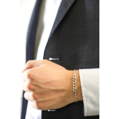 Bracelet gourmette 6 maillons rolò en or blanc 18k avec diamants, 19,0+0,5 cm