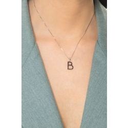 Collier en or blanc 18 carats avec pendentif lettre B gravée et diamants noirs 2
