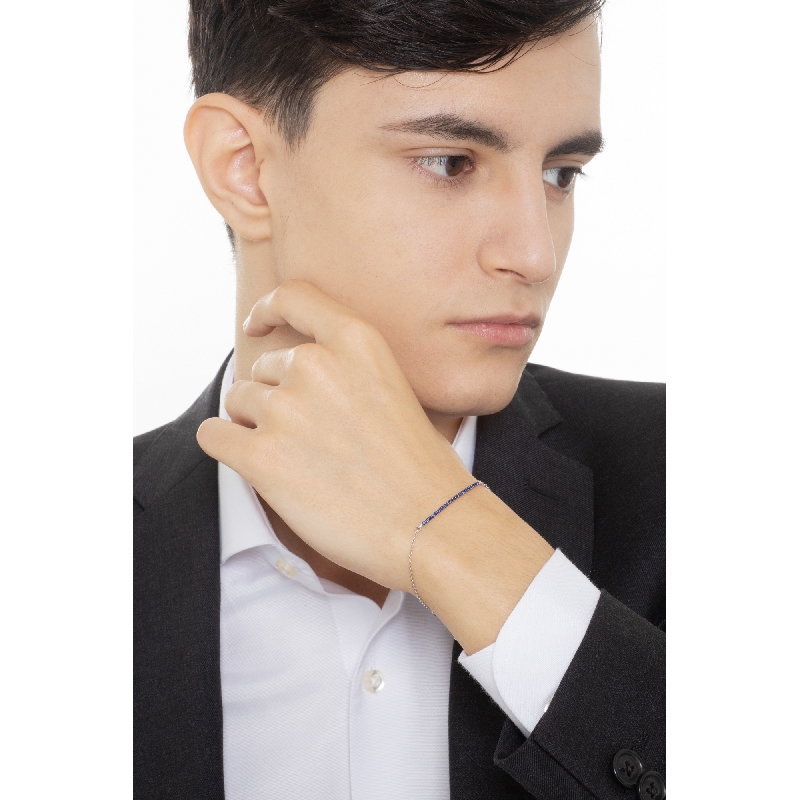 Bracelet barrette à griffes brunies avec saphirs bleu et or blanc 18k homme 