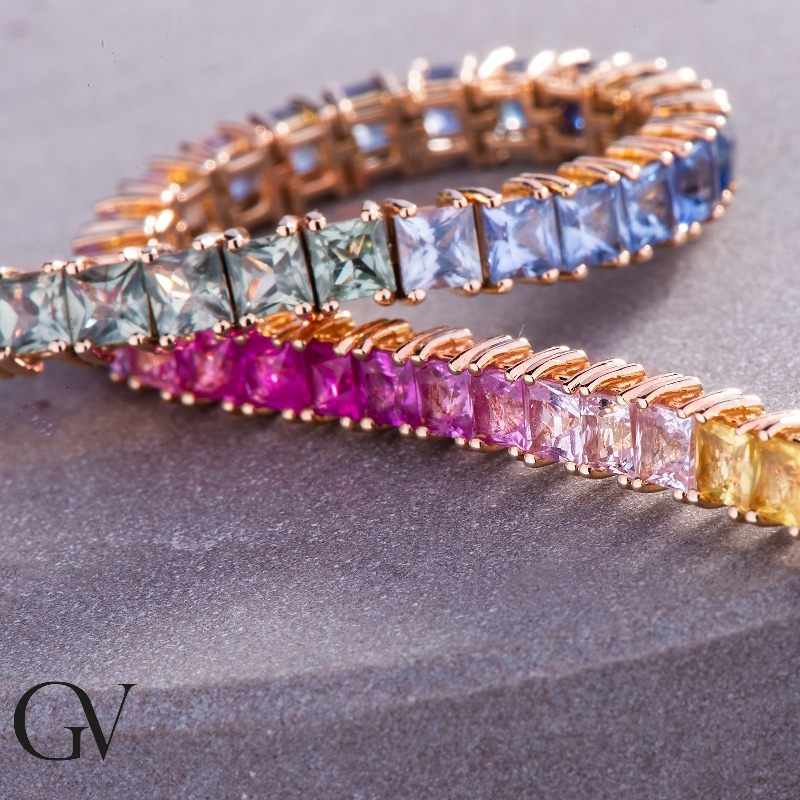 Bracelet tennis d'or rose 18k avec saphirs multicolores
