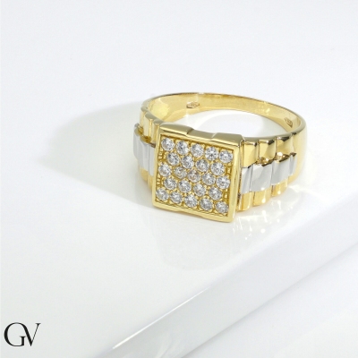 Bague Homme en Or Blanc et Jaune 18k avec Zircones