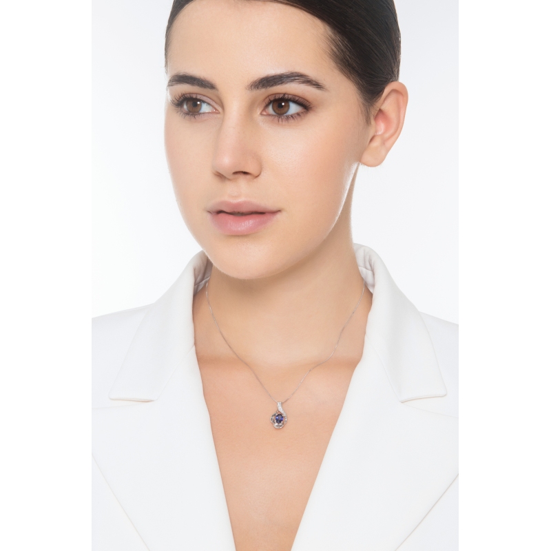 Collier Femme Saphir Bleu Ovale & Diamants Brillants Or Blanc 18k