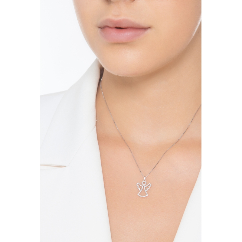 Collier en or blanc 18 carats avec pendentif ange en diamants  Collier en or blanc 18 carats avec pendentif ange en diamants