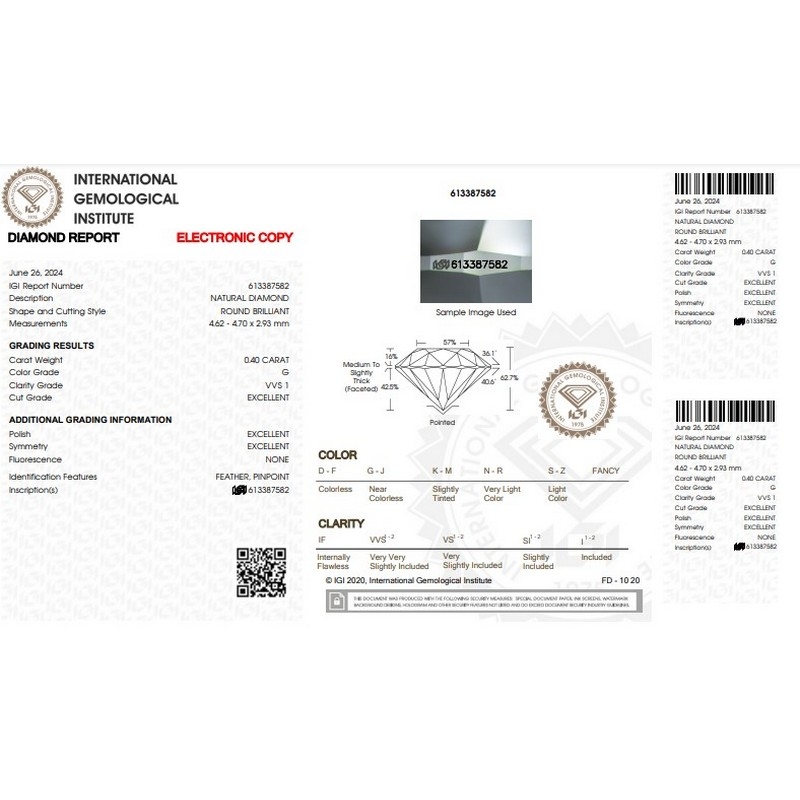 Diamant Certifié IGI CT 0,40   G   VVS 1