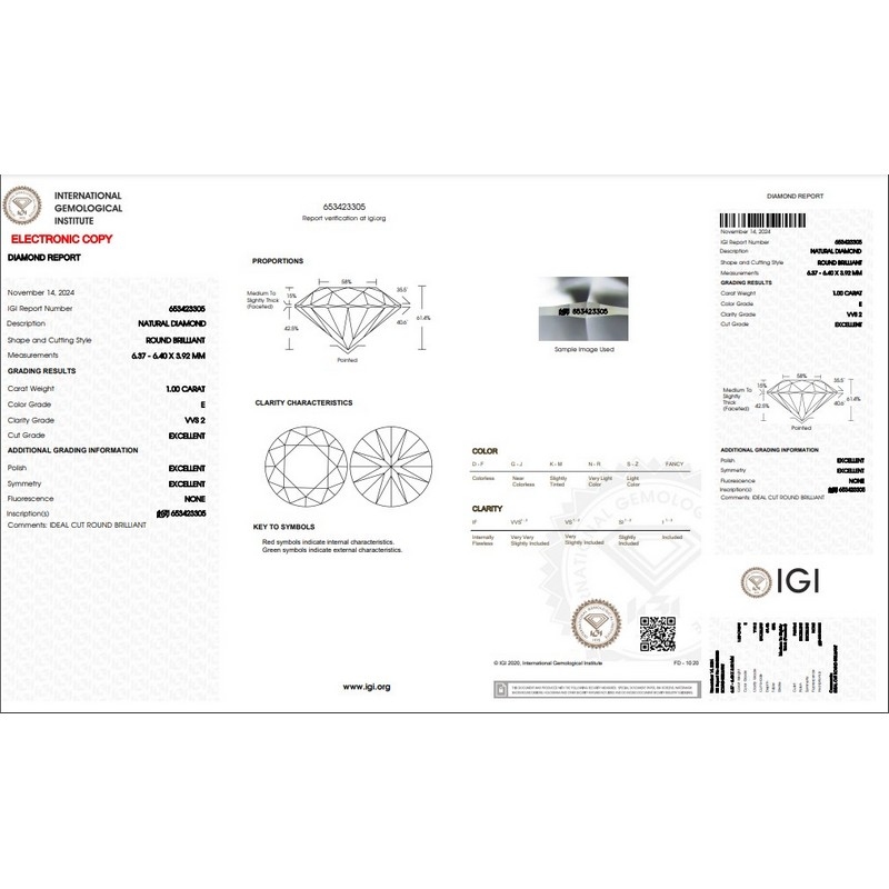 Diamant Certifié IGI CT 1,00   E   VVS 2