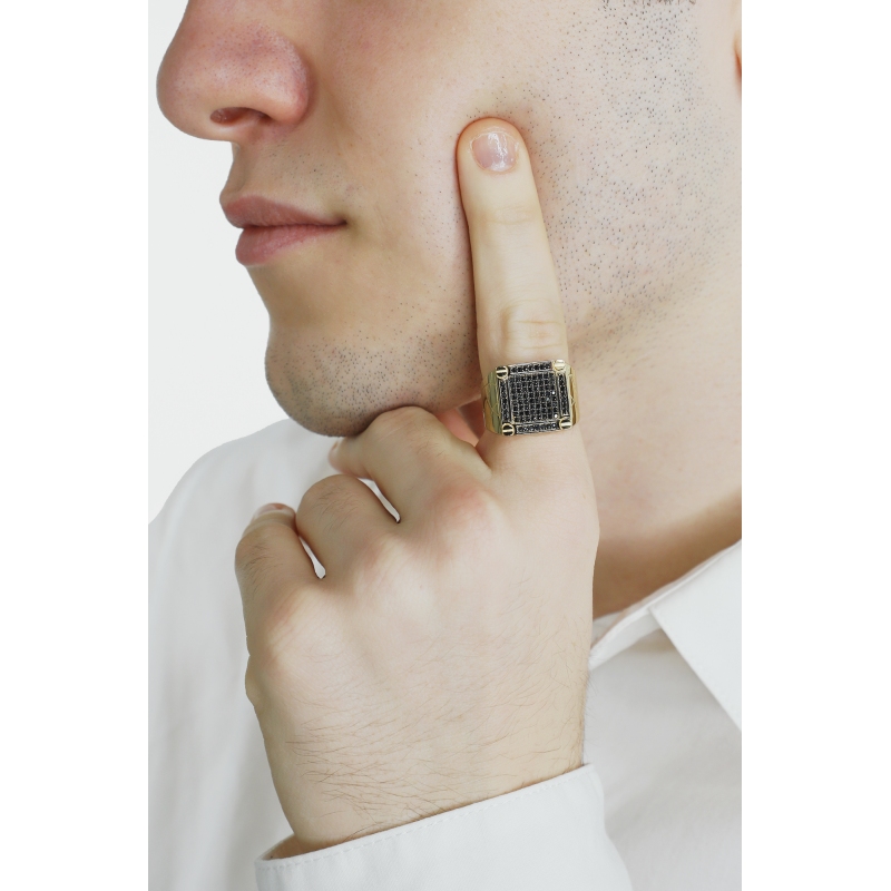 Bague Homme en Or Jaune 750 avec Zircones Noires Bague Homme en Or Jaune 750 avec Zircones Noires