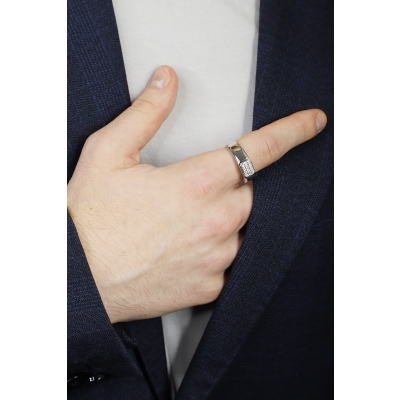 Bague pour homme en or blanc 18 ct avec pavé de diamants rectangulaire