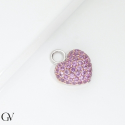 Charm cœur bombé en or blanc 18 cts avec saphirs roses 2