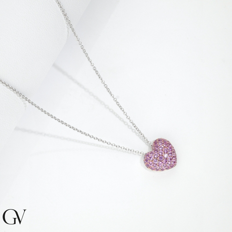 Collier en or blanc 18 carats avec cœur saphirs roses Collier en or blanc 18 carats avec cœur saphirs roses
