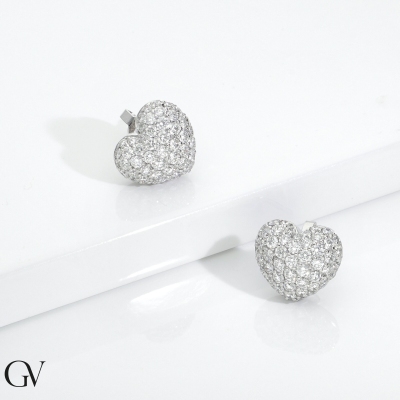 Boucles d'oreilles en or blanc 18 carats cœur bombé diamants 
