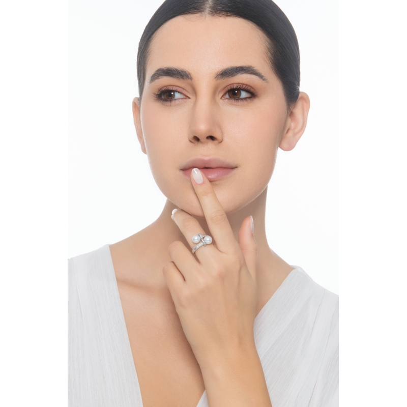 Bague toi et moi avec perles et diamants or blanc 750