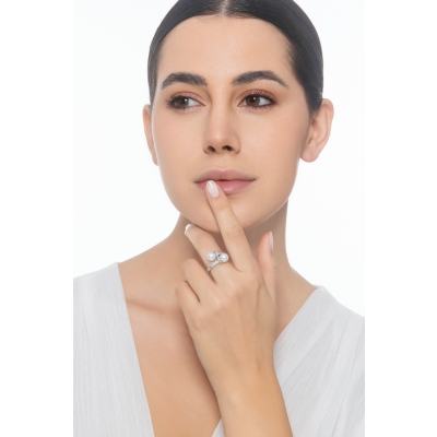 Bague toi et moi avec perles et diamants or blanc 750