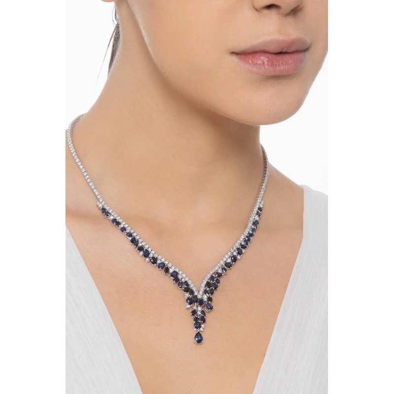 Collier tennis femme diamants et saphirs bleus  Collier tennis femme diamants et saphirs bleus