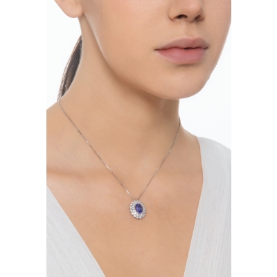  Collier en or blanc 18k avec tanzanite ovale et double halo de diamants