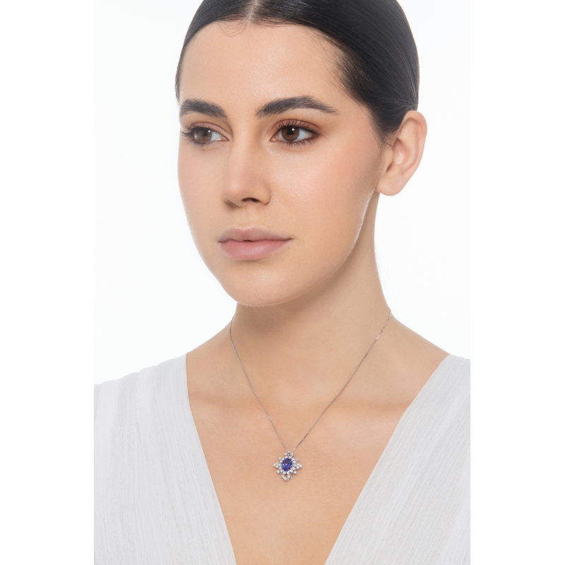 Collier Tanzanite Ovale & Diamants Halo Or Blanc 18k
