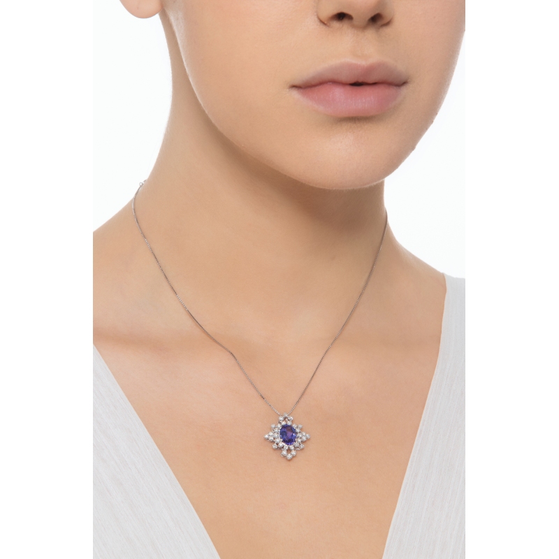 Collier Tanzanite Ovale & Diamants Halo Or Blanc 18k