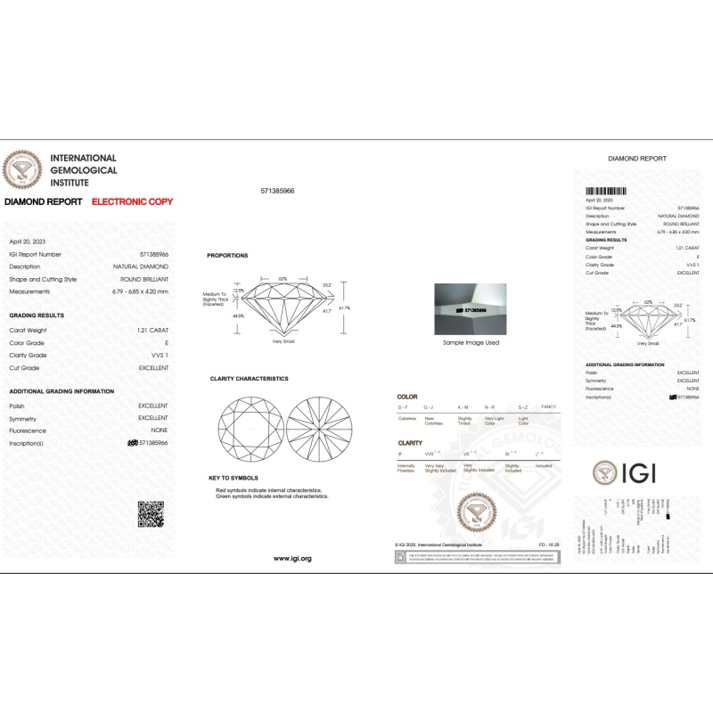 Diamant Certifié IGI   CT 1,21   E   VVS 1 Diamant Certifié IGI   CT 1,21   E   VVS 1