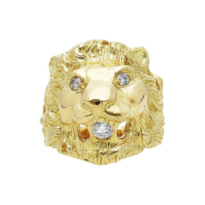 Bague tête de lion en or jaune avec zircons