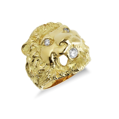 Bague tête de lion en or jaune avec zircons